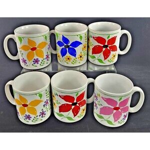 Tams Pottery MCM Retro Floral Coffee Mugs Lot of 6 Vintage Cottagecore